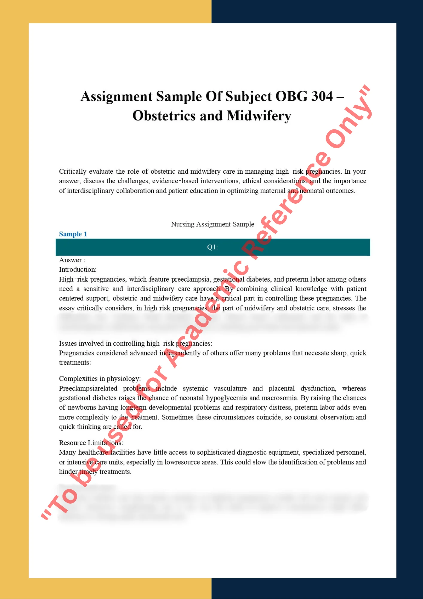 Assignment Sample Of Subject OBG 304 – Obstetrics and Midwifery 0